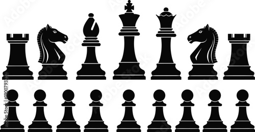Black Chess Piece Silhouette Set, Strategic Board Game Vector Icons, King Queen Knight Rook Bishop Pawn Illustrations, Isolated Competition Gaming Graphics,