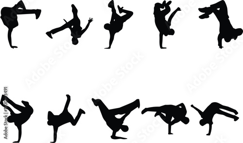 Breakdancing silhouettes collection showing dancers performing dynamic street dance moves, hip hop culture illustration, athletic performance design concept urban flat vector