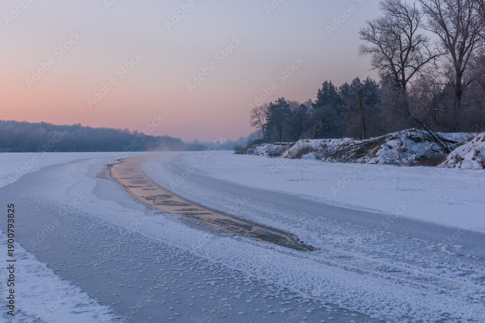 Fototapeta premium river in winter with frost