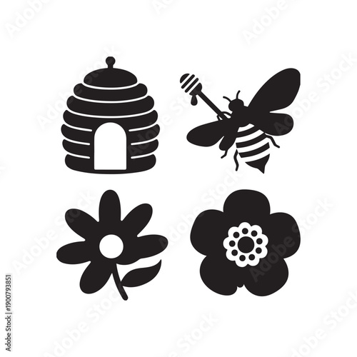 Nature Inspired Beekeeping Vector Set Featuring Honey Bee Hive Dipper And Flowers.