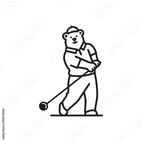 Stylized Black and White Minimalist Vector Illustration of a Bear Playing Golf.