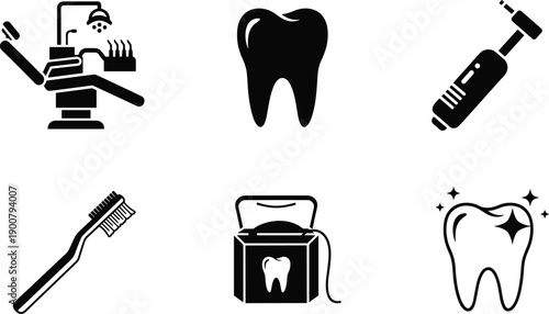 Black dental icons set with dentist chair tooth anatomy medical drill toothbrush dental floss and shining teeth for oral hygiene,