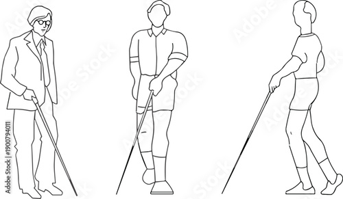 Blind people walking with white cane mobility tool, diverse individuals line drawing illustration, disability awareness concept, accessibility design, inclusive flat vector