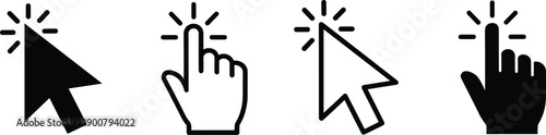 Black Computer Mouse Cursor and Hand Click Icon Vector Set Featuring Arrow Pointer and Finger Touch Symbols for Web Interface Design,