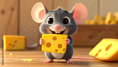 Happy Cartoon Mouse Holding Cheese Block.