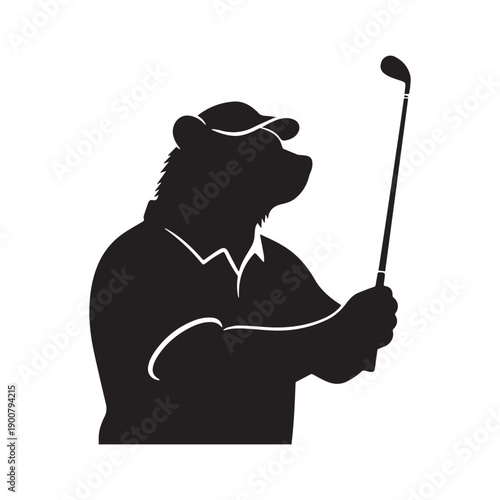 Stylized Black and White Minimalist Vector Illustration of a Bear Playing Golf.