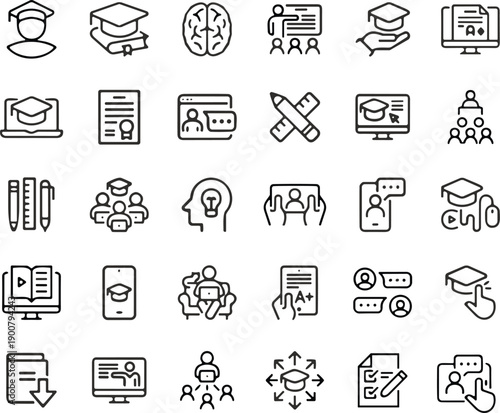 Education icons collection showing graduation cap book brain teacher student learning communication academic knowledge online teaching illustration flat vector