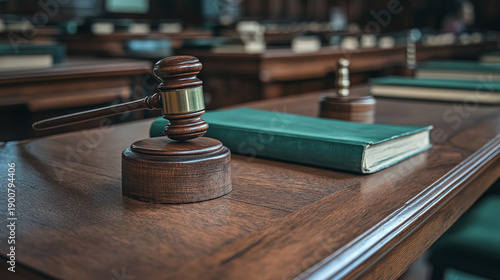 Powerful wooden gavel and vintage law book sit on deep polished desk, embodying solemnity of justice, legislative power, and legal judgments within traditional governmental or courtroom environment.