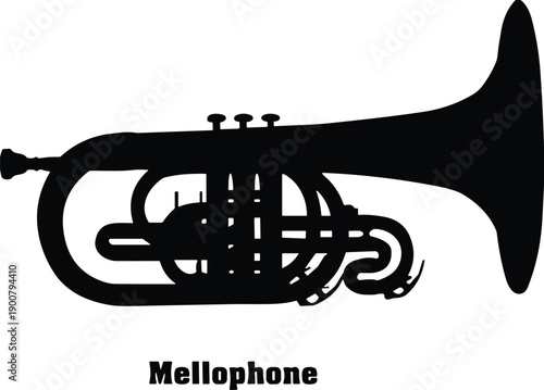 Mellophone brass instrument silhouette icon, marching band music symbol, orchestral wind instrument illustration, musical equipment flat vector, isolated