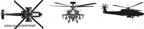 Military helicopter silhouettes AH-64 Apache top front side views, combat aviation design illustration, defense technology war machine concept, armed forces flat vector