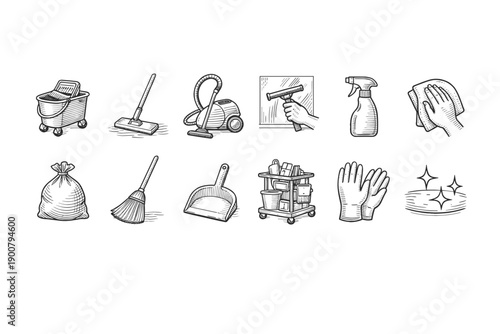 Set of hand-drawn household cleaning icons showing mop bucket, floor mop, vacuum cleaner, squeegee, spray bottle, cloth, broom, dustpan, gloves