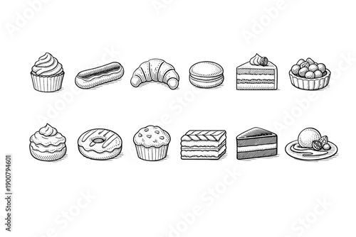 Hand-drawn monochrome bakery dessert icons featuring cupcake, eclair, croissant, macaron, layered cake slices, donut, muffin, and fruit tart set