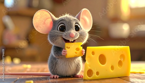 Happy Mouse Enjoying Cheese in Kitchen.