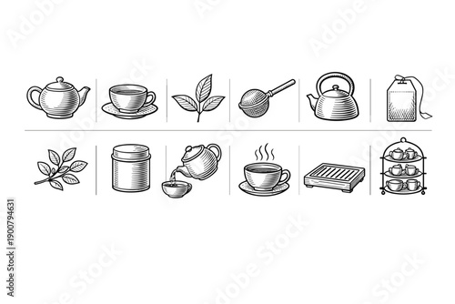 Minimal black and white line icons of tea set elements including teapot, cup, leaves, strainer, kettle, teabag, jar, tray, and sweets stand