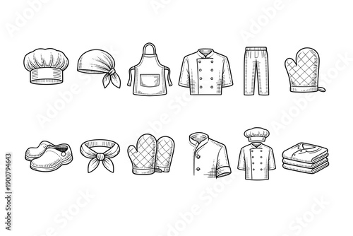 Hand-drawn set of chef uniform elements including hat, bandana, apron, jacket, trousers, oven mitts, shoes, towel stack and neckerchief icons