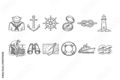 Collection of nautical line art icons including sailor uniform, anchor, ship wheel, compass, rope knot, lighthouse, ship, waves, and tools