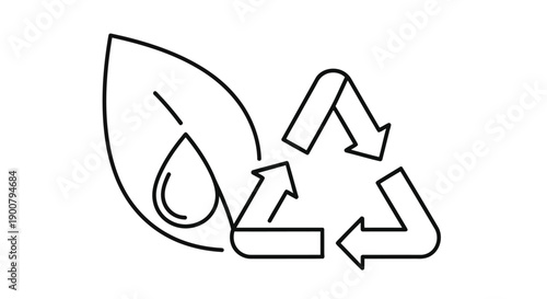 Simple line drawing of a leaf water droplet and recycling symbol