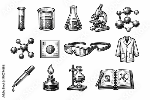 Hand-drawn chemistry laboratory icons featuring glassware, microscope, molecular models, safety goggles, burner, dropper, lab coat, and notebook