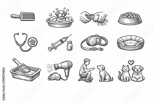 Hand-drawn pet care icons showing grooming, bathing, feeding, veterinary tools, vaccination, leash training, litter cleaning, and cats and dogs together