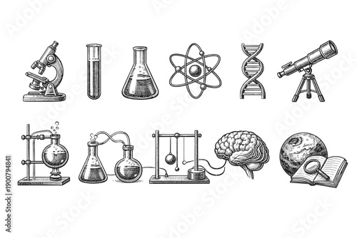 Vintage scientific illustration set featuring laboratory equipment, atom, DNA, telescope, microscope, brain anatomy, and educational book icons