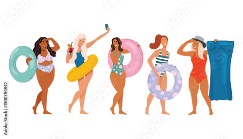 Group of diverse women in swimsuits with inflatable pool toys