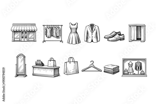 Hand-drawn fashion retail icons featuring boutique storefront, clothing rack, dress, blazer, shoes, fitting mirror, cashier counter, bags, hanger, folded clothes