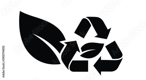 Black silhouette depicting leaves and a recycling symbol representing eco friendliness
