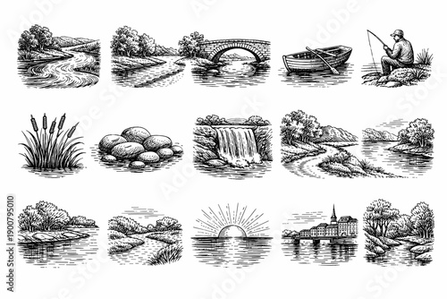 Black and white ink landscape vignette set featuring rivers, stone bridge, fishing man, rowboat, reeds, waterfall, sunrise, lakeside village, trees