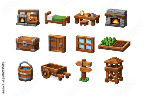 Isometric pixel-art voxel set of rustic wooden and stone furniture and village items including bed, fireplace, chest, door, window, cart, signpost