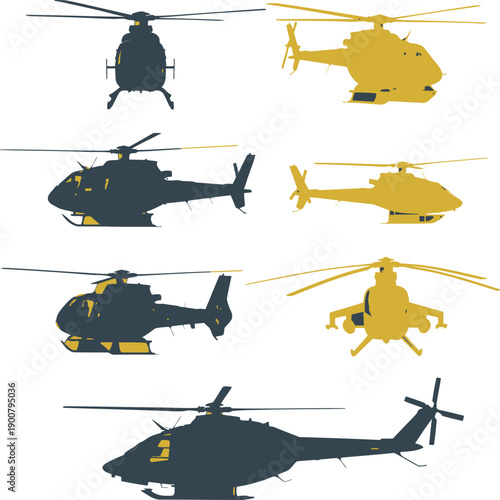 Collection of five distinct helicopters in a row with varied color schemes and designs Vector