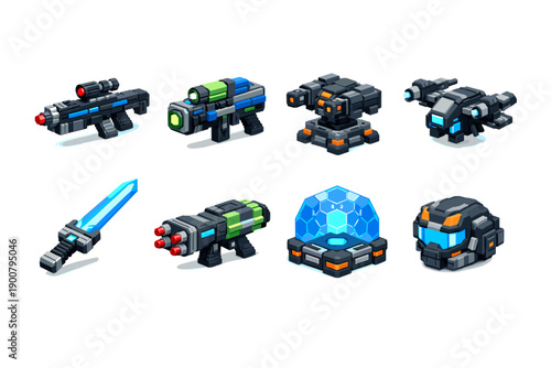 Collection of voxel-style futuristic weapons and gear, including sci-fi guns, energy sword, turret, force shield, and armored helmet on white