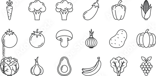 Simple line art illustrations of various healthy fruits and vegetables in a grid layout