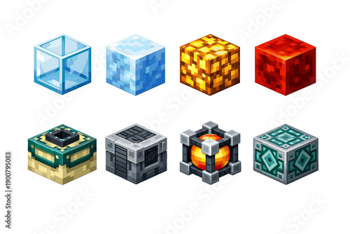 Set of eight pixelated 3D voxel cubes showing different block materials, including ice, lava, glass, stone, and patterned tech blocks on white