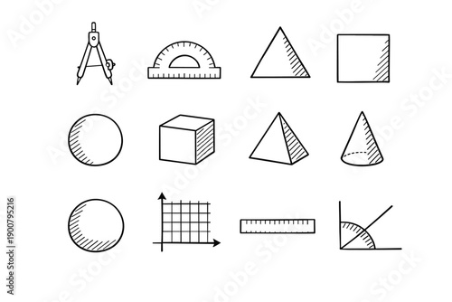 Hand-drawn geometry and measurement icons set featuring compass, protractor, triangles, cube, cone, spheres, graph grid, ruler, and angle diagram