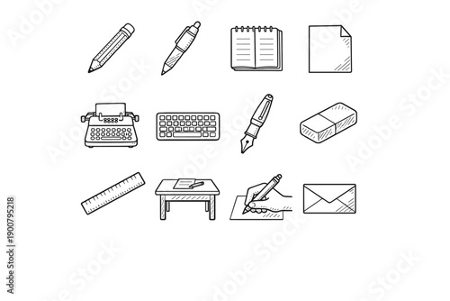 Hand-drawn stationery and office supplies icons set featuring pens, pencil, notebook, paper sheet, typewriter, keyboard, fountain pen, eraser, ruler, desk, letter