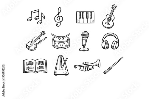 Hand-drawn music icons set featuring notes, treble clef, keyboard, guitar, violin, drum, microphone, headphones, book, metronome, trumpet, and baton