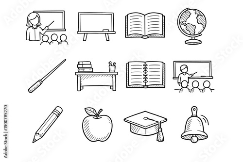 Hand-drawn school education icons set featuring teacher at blackboard, blank board, books, globe, pointer, desk, notebook, pencil, apple, graduation cap, bell
