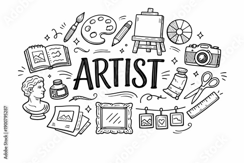 Hand-drawn artist doodle collage with lettering surrounded by paint palette, brushes, easel, camera, scissors, ruler, sketchbook and supplies