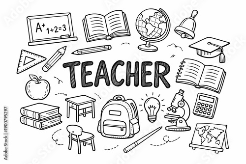 Hand-drawn teacher illustration surrounded by school supplies, books, globe, microscope, calculator, apple, backpack, lightbulb, and classroom icons