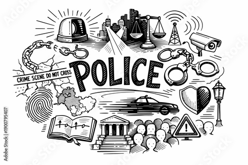 Police and law enforcement concept illustration with handcuffs, crime scene tape, siren, courthouse, scales of justice, fingerprint, CCTV, and patrol car