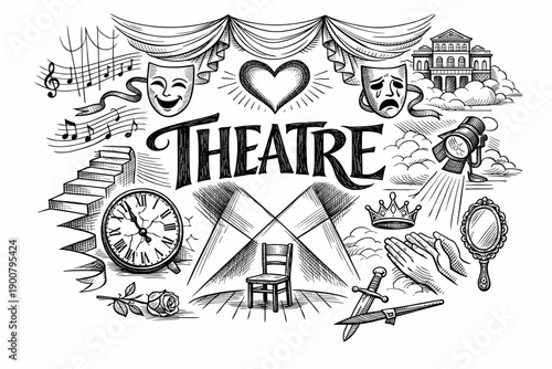 Hand-drawn theatre collage with stage curtains, comedy and tragedy masks, musical notes, spotlight, clapping hands, props, and dramatic icons
