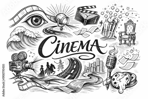 Hand-drawn cinema illustration featuring film reels, vintage camera, spotlight, clapperboard, theater seats, microphone, city skyline, and storytelling icons