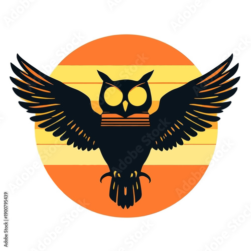 Silhouette of an owl with outstretched wings, holding a book, against a backdrop of orange and yellow stripes within a circle.