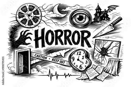 Black-and-white horror collage illustration featuring spooky typography, haunted house, bat, eerie eye, film reel, caution tape, clock, door, spiderweb, and notes