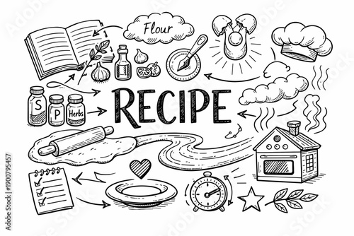 Hand-drawn cooking recipe concept doodle with kitchen utensils, ingredients, book, timer, oven, steam clouds, and arrows around central text