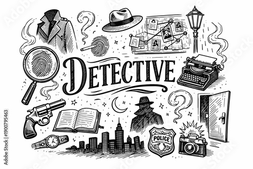 Vintage detective investigation collage with magnifying glass, evidence board, revolver, typewriter, police badge, city skyline, and shadowy figure illustration