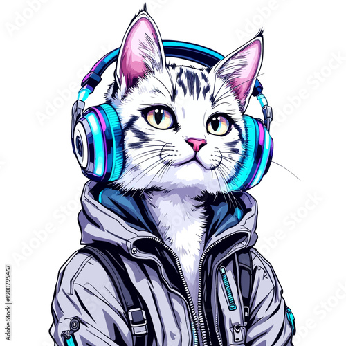 A stylish cartoon cat wearing headphones and a hoodie, looking forward with a slight smile.