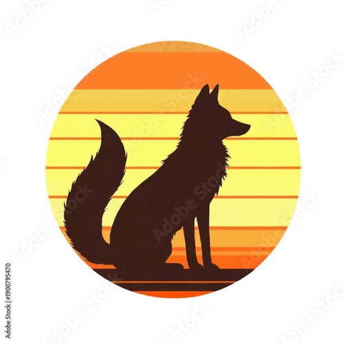 Silhouette of a fox sitting against a vibrant sunset with horizontal stripes of orange and yellow.