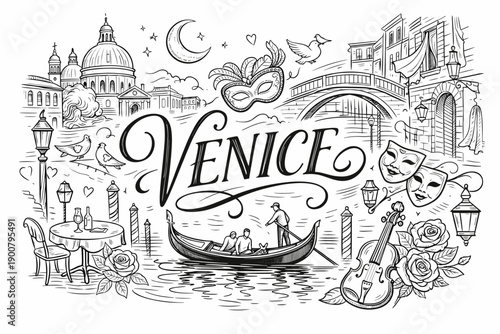 Hand-drawn Venice travel illustration featuring gondola on canal, arched bridge, domed basilica skyline, carnival masks, roses, violin, and café scene
