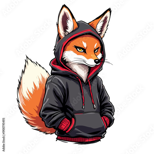 A stylized illustration of a anthropomorphic fox wearing a black hoodie with red trim, standing with its hands in its pockets.